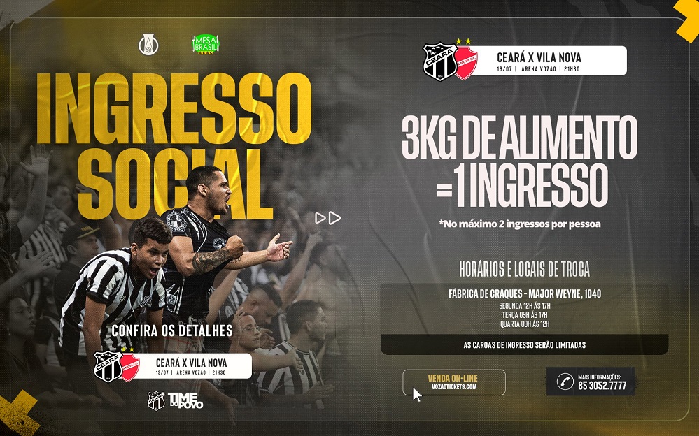 Em parceria com o Mesa Brasil, Ceará disponibilizará lote de ingressos para o jogo contra o Vila Nova