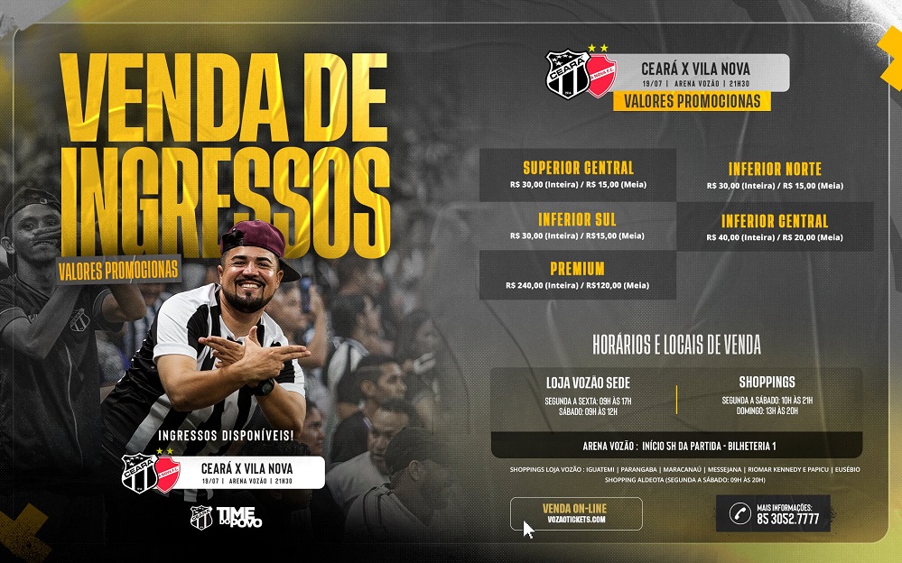 Com valores promocionais, Ceará inicia venda de ingressos para o duelo contra o Vila Nova