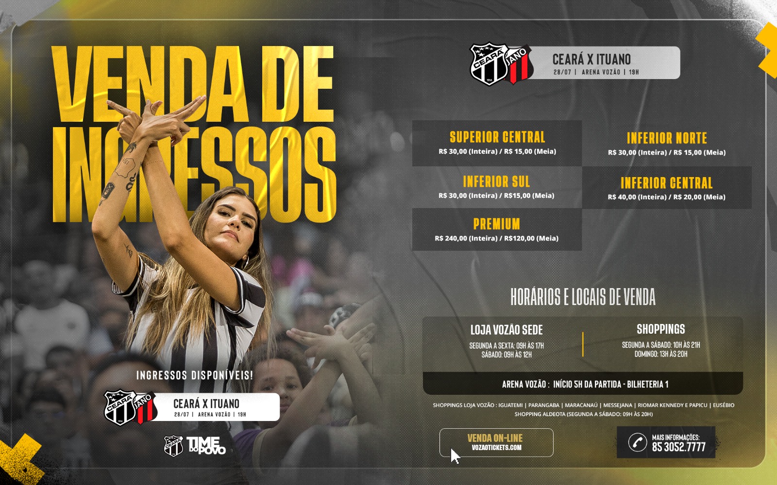 Vendas de ingressos iniciadas para a partida entre Ceará e Ituano/SP