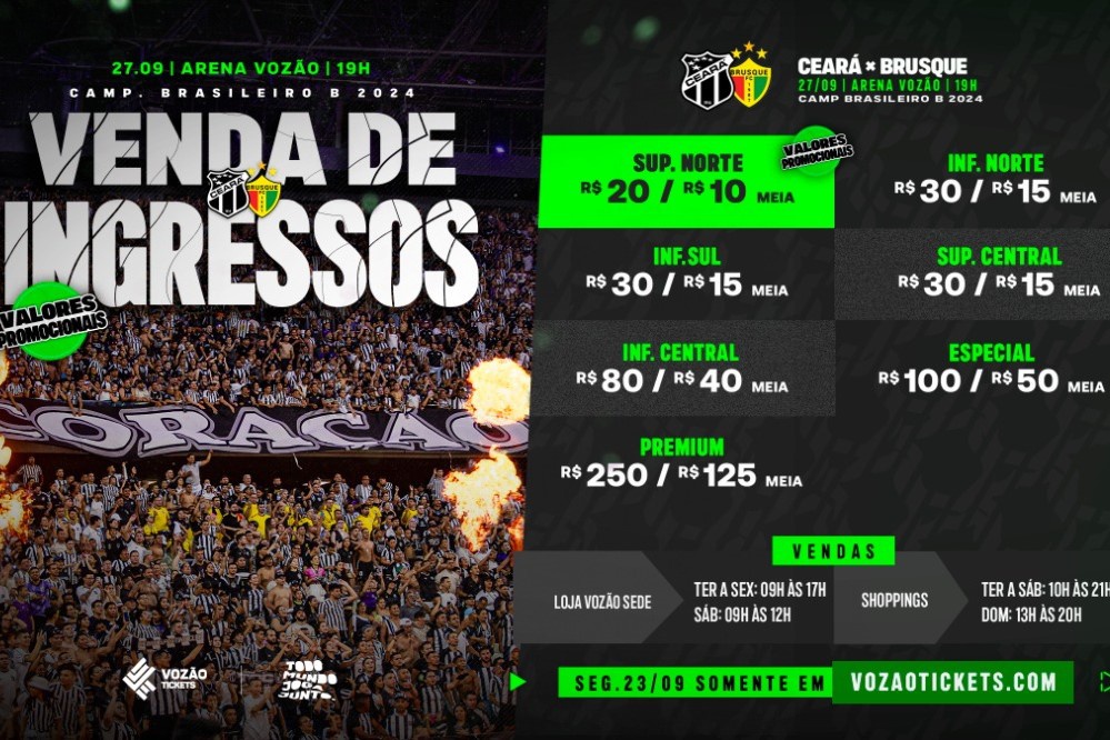 Com direito a valores promocionais, Ceará inicia venda de ingressos para confronto com o Brusque